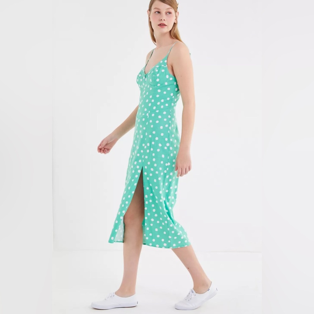 Urban Outfitters UO Dolce Vita Front-Slit Midi Dress - Teal Polka Dot Pin-Up